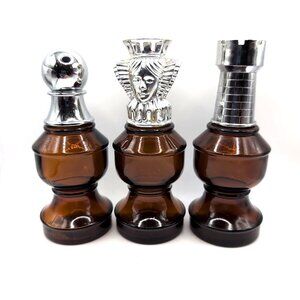 Set of 3 Vtg 70s Chess Piece Empty Avon After Shave Bottles Brown Silver 5.5" GC